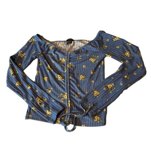 Rue 21 Floral Flower Blue Ribbed Long Sleeve Adjustable Crop Top Shirt Sz Small - Picture 1 of 7